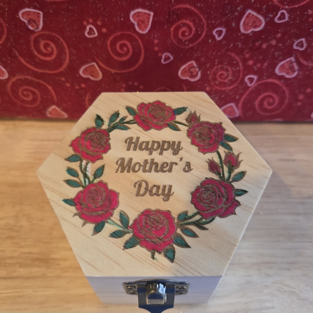 "Happy Mother's Day, Laser Engraved, hand Painted Wood Jewelry Box.